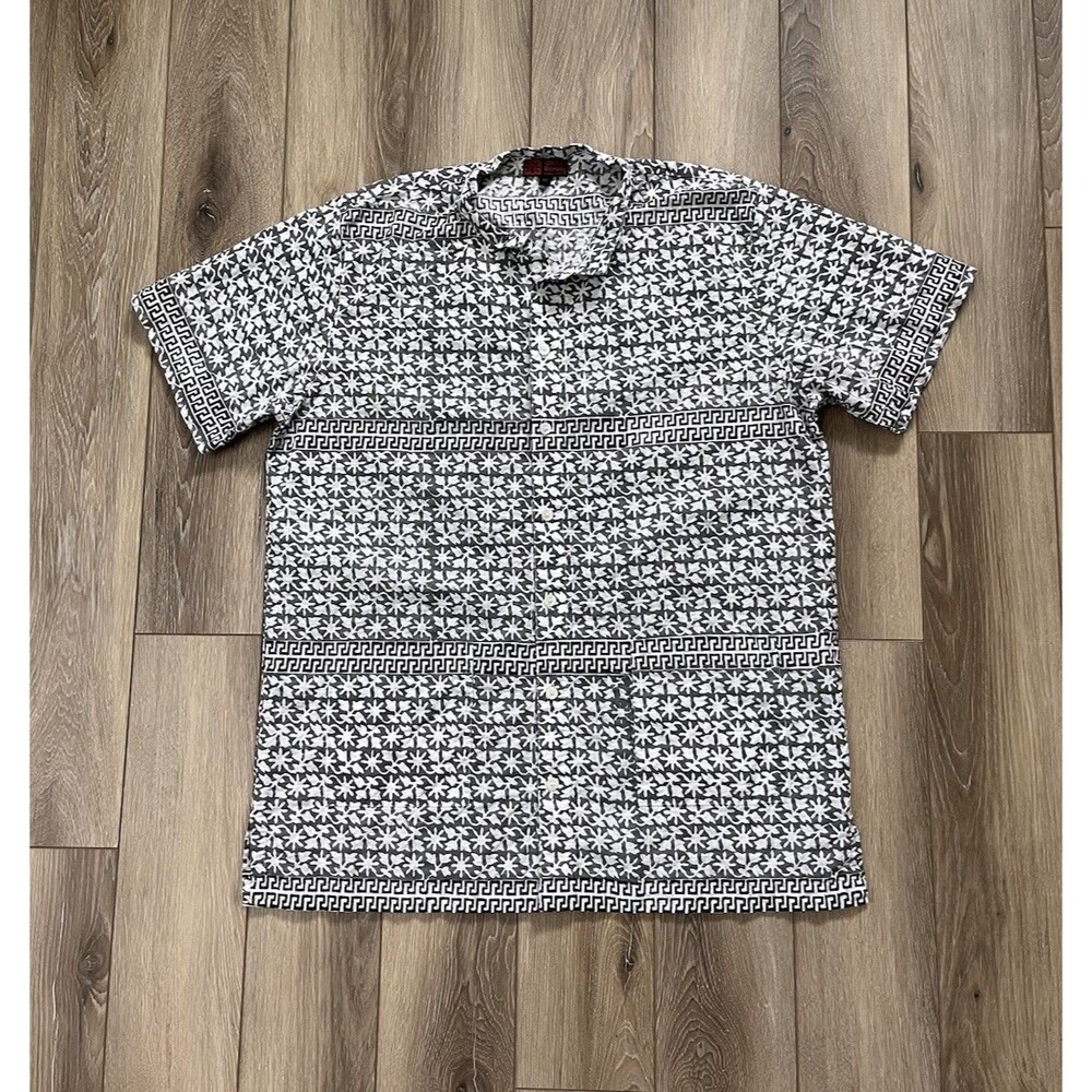 Batik Shirt Mens Sz L (42) Black/White Abstract Print Short Sleeve Lightweight